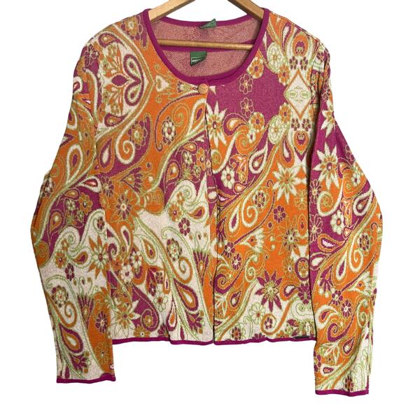 Geiger Austria Size Large Fuchsia Orange Paisley Linen Blend Cardigan Tank Set - Picture 1 of 16